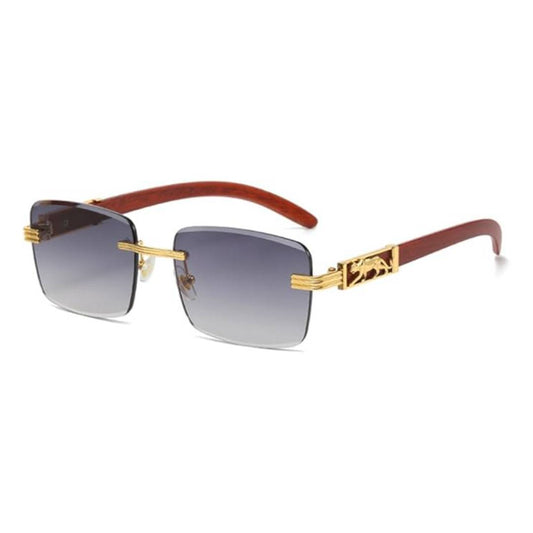 Wooden Pattern Leopard Head Artificial Diamond Cut Edge Fashion Glasses